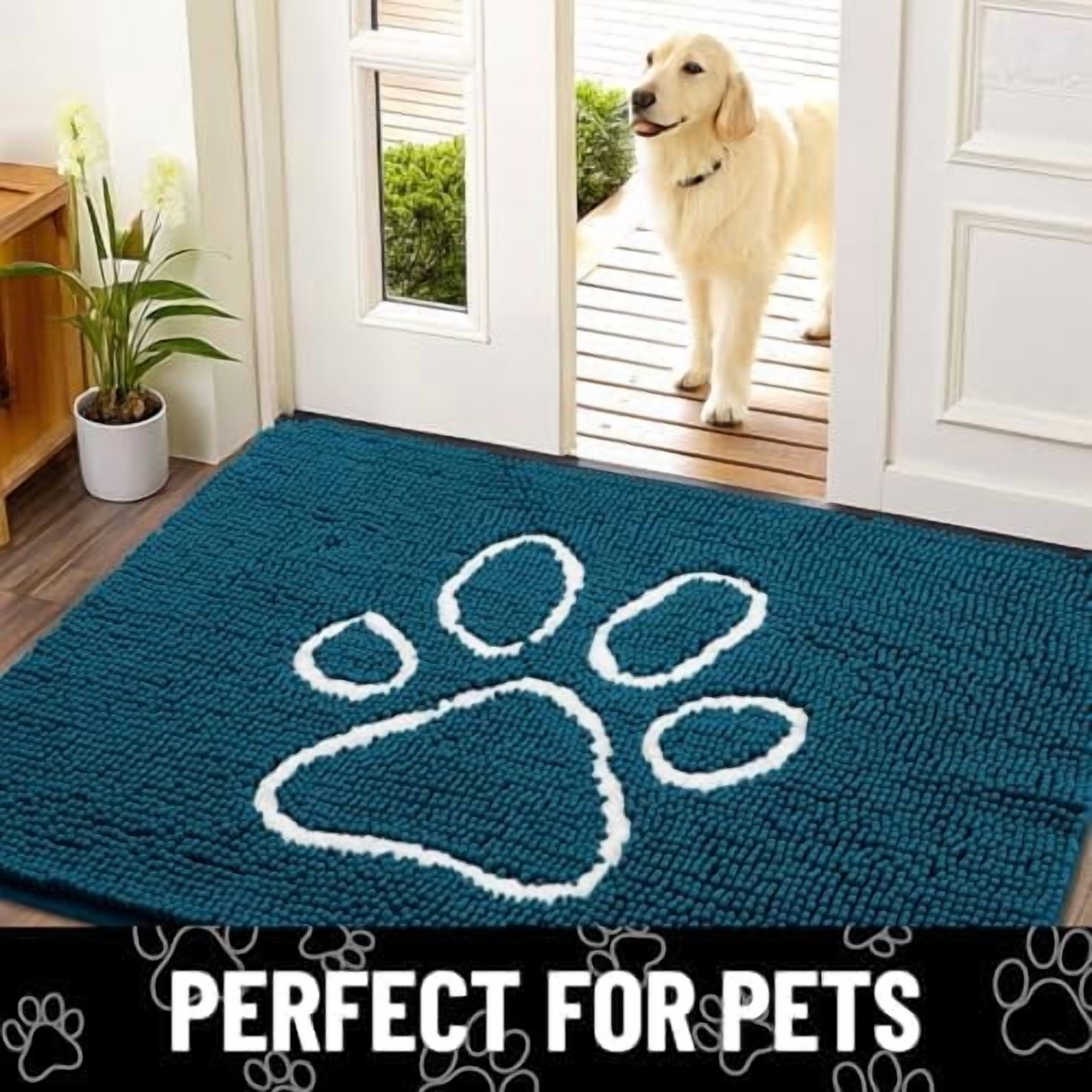Dog Door Mat for Muddy Paws, Absorbent Dirt Trapper Non Slip Quick Dry Washable Chenille Mat for Mud Dogs, Entry Rug for Indoor and Outdoor (24x16 Inches, Atlantic Blue and White)