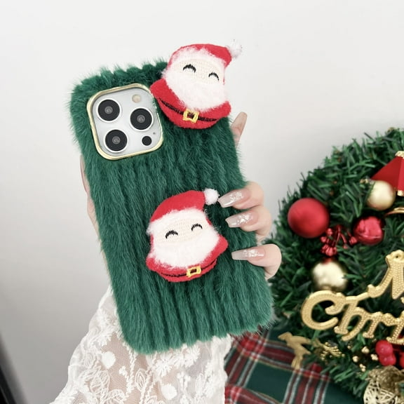 Fluffy Phone Case for iPhone 14 Pro Max, Stylish Christmas Doll Warm Smooth Faux Fur Cover TPU Soft Drop Protective Anti-Shock Case Cover for Women Girls for Winter for iPhone 14 Pro Max, Green