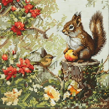Cute Squirrel and Bird in Garden DIY 11CT Stamped Cross Stitch Kits for Beginners Easy Needlepoint Embroidery Counted Cross Stitch Art Craft for Wall Decoration 14x14inch(4)
