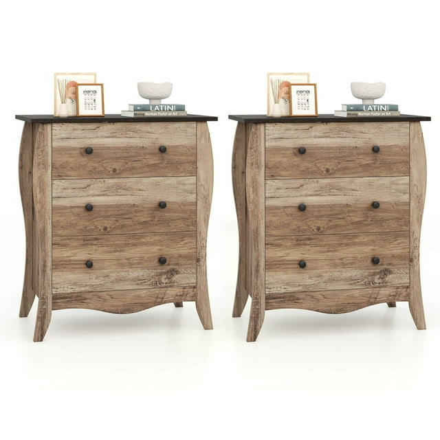Costway 2 Pcs Commode Champêtre de 30 Pouces avec 3 Tiroirs en Tissu Pliants Trousse Anti-Basculement Brun