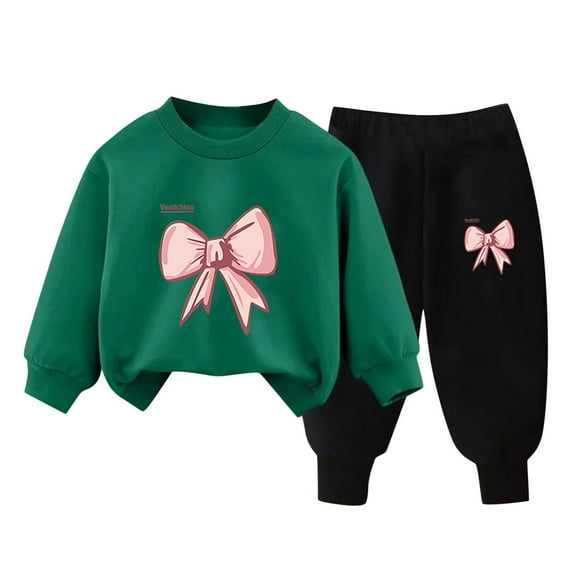 Girls Sweatsuits Bow Printed Pullover Hoodie & Toddler Pants Set Drop Shoulder Sweatshirts Sweatpants with Pockets Casual Outfits Clothes for Toddler Tween Girl Fall Pants Set Army Green 5 Years