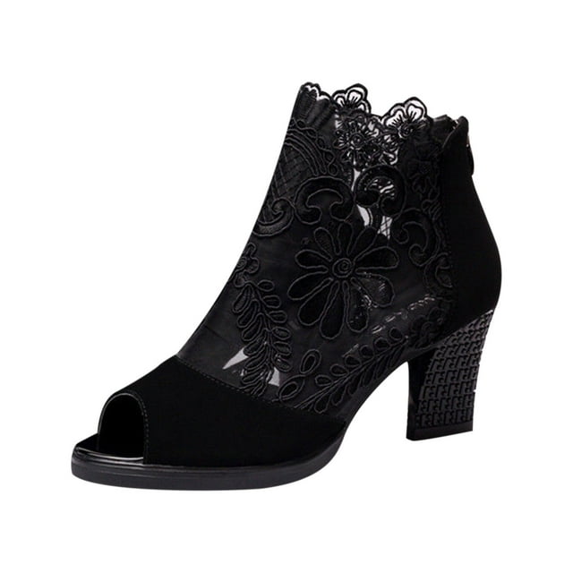 Womens Pointed Toe Open Toe Lace Splicing Comfy Casual Shoes High Heel Hollow Out Single Shoes