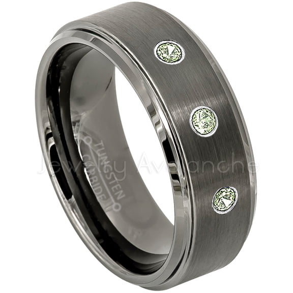 Brushed Gunmetal Tungsten Ring - 0.21ctw Peridot 3-stone Band - Personalized Tungsten Wedding Ring - Custom Made August Birthstone Ring TN616BS