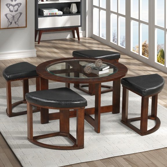 Cylina Elegant Solid Wood Glass Top Round Table Set with 4 Comfortable Stools