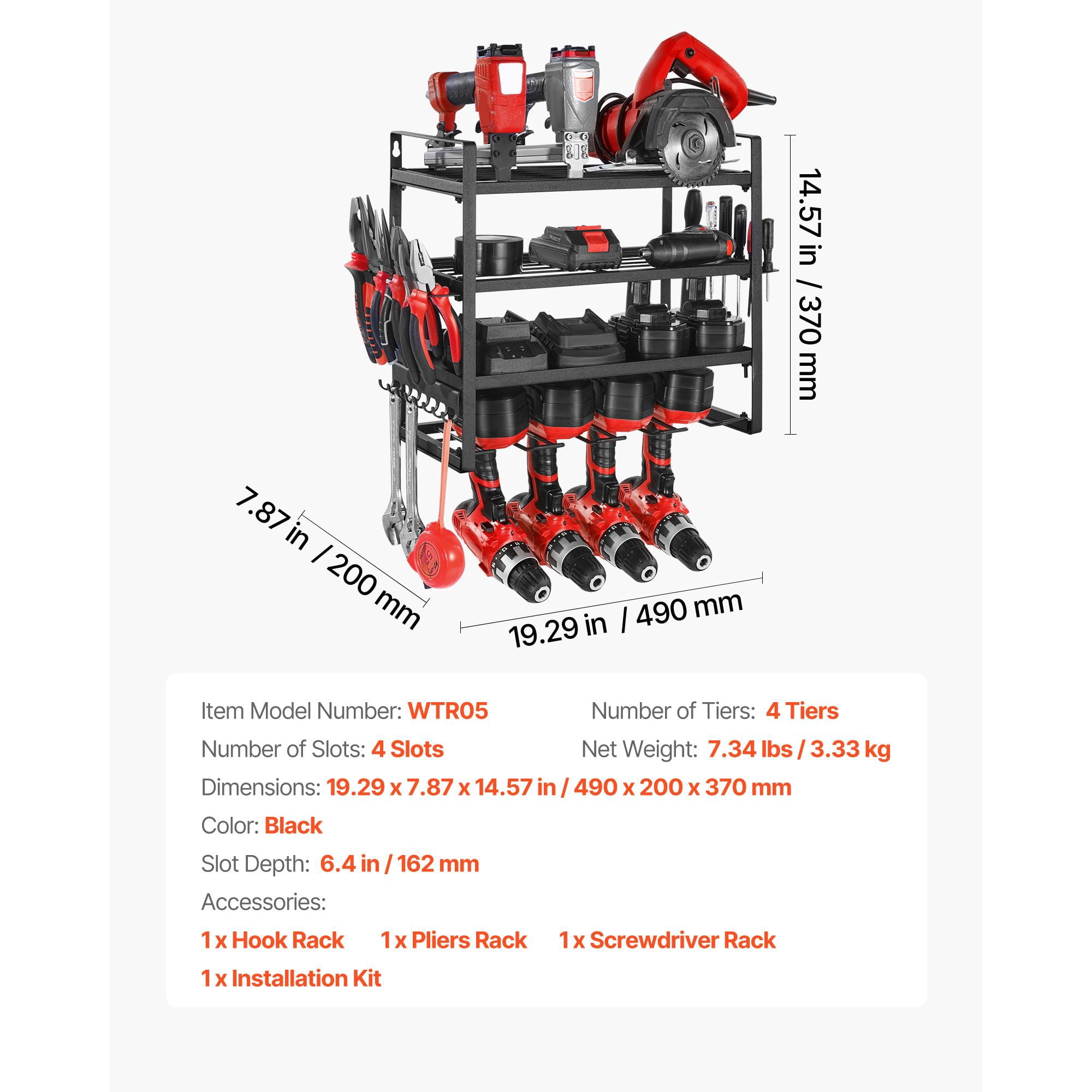 4-Tier Power Tool Organizer with 3 Shelves, 4 Drill Slots, 132 lbs Capacity, Wall Mounted, for Garage Workshop