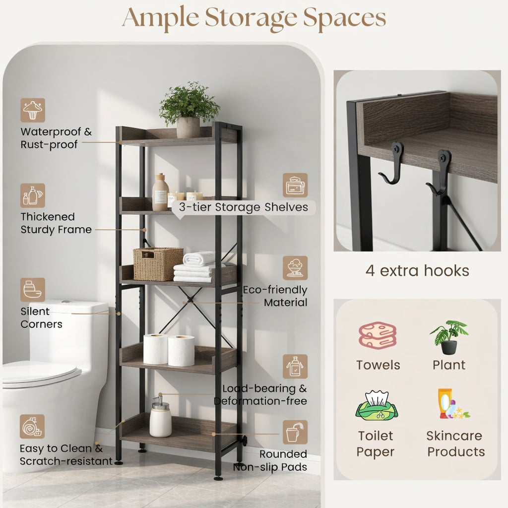 Hommoo Over-the-Toilet Storage Rack with Adjustable Bottom Bar, 3-Tier Metal & Engineered Wood Shelf Unit with Hooks, Rustic Grey