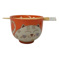 Orange Chubby Kitty Cat Ceramic Donburi Ramen Soup Bowl With Chopsticks Set