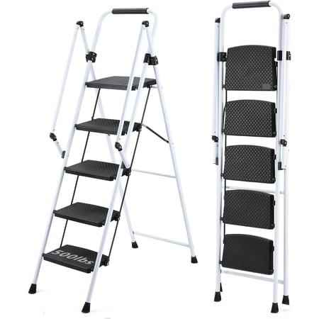 ladder folding ladder stool with anti slip wide pedals steel ladder with safety anti slip handle lightweight 330 pound portable steel ladder stool in White 5 steps