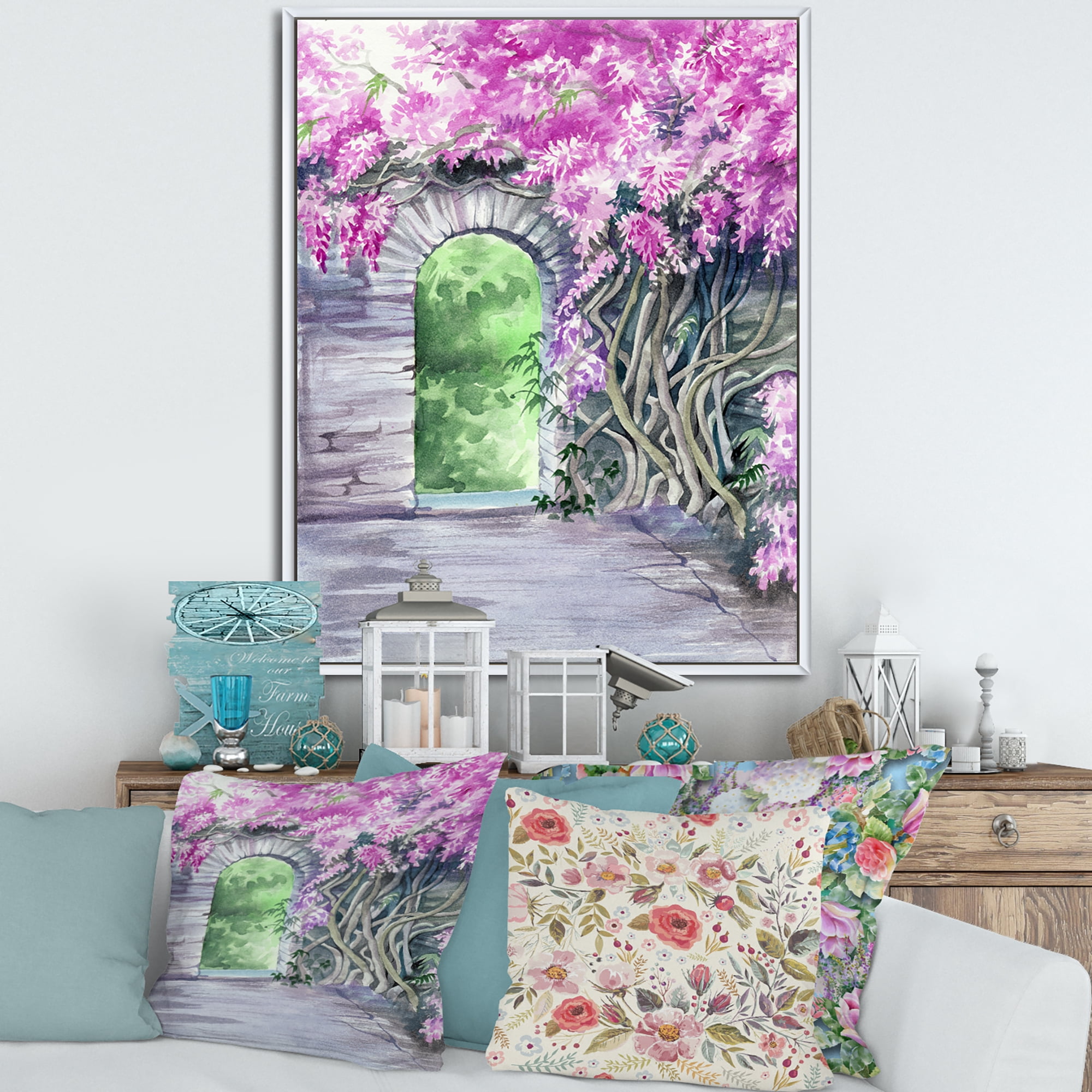 Designart 'Blossoming Purple Wisteria Garden Over The Wall' Traditional Framed Canvas Wall Art Print