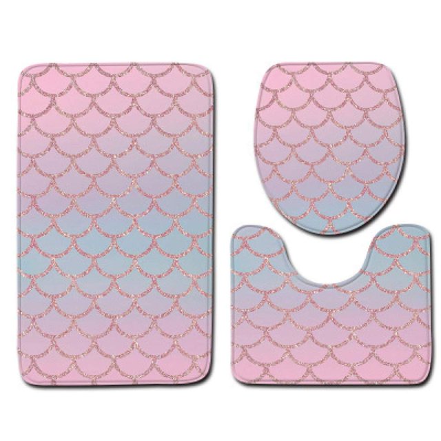 ABPHQTO Escamas de sirena azul rosa Juego de alfombras de baño de 3 piezas Alfombra de baño Alfombra de contorno y tapa de inodoro ABPHQTO Cont-CHAPPLE-38137