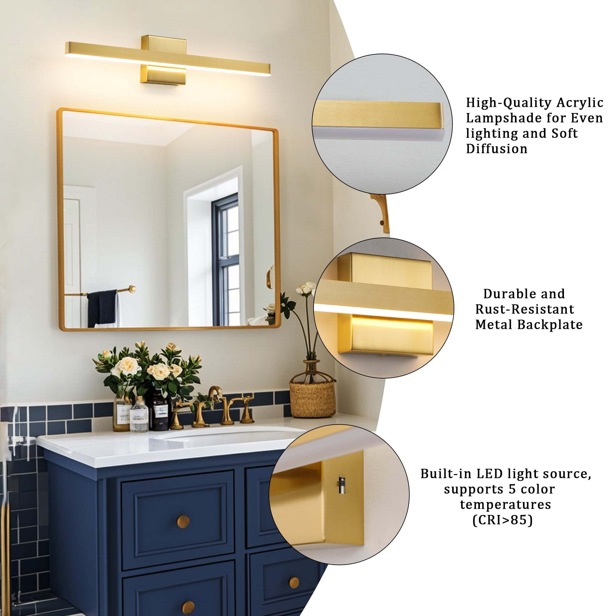 Minimalist Linear LED Modern Lighting Fixtures 24'' Bathroom Gold Vanity Light Dimmable Over Mirror Wall Sconce for Bathroom