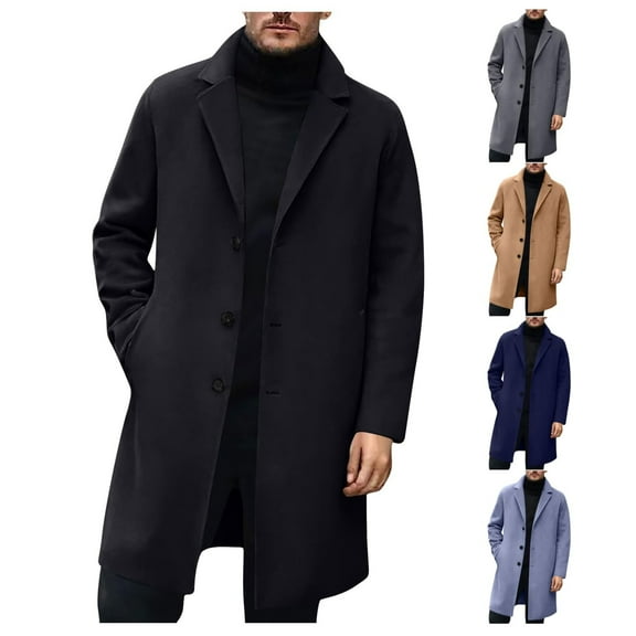 Men's Trench Coat Wool Blend Notched Collar Single Breasted Overcoat Business Casual Winter Jacket with Pockets for Christmas Holiday,Black,L