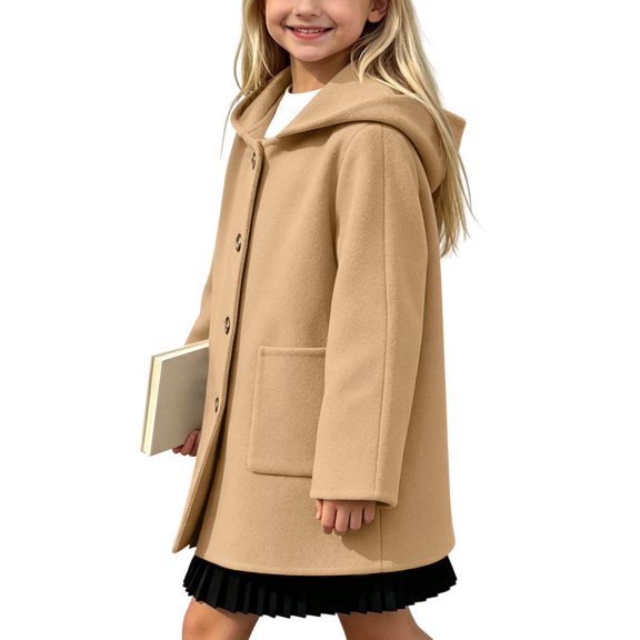 QTBIUQ Boys Girls Medium Long Tweed Coat with Pockets Single Breasted Hooded Outerwear for Fall Winter Wear