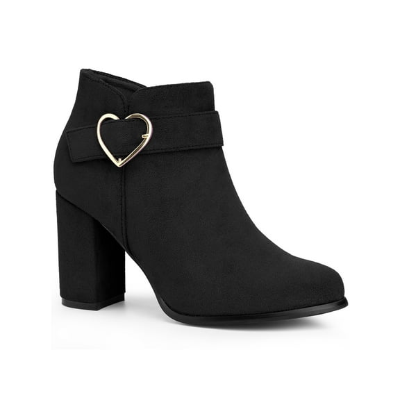 BLISSFUL STEP Women's Ankle Boots Chunky Block Heel Round Toe Heart Buckle Faux Suede Boots Black 6