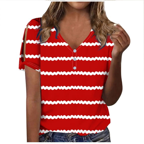 Scyoekwg Tuniques à Manches Courtes pour Femmes Col en V T-shirt Régulier Décontracté d'Été Ample Hauts pour Dames T-shirt Graphique à Rayures Imprimées Blouses Confortables (Rouge,TTG)
