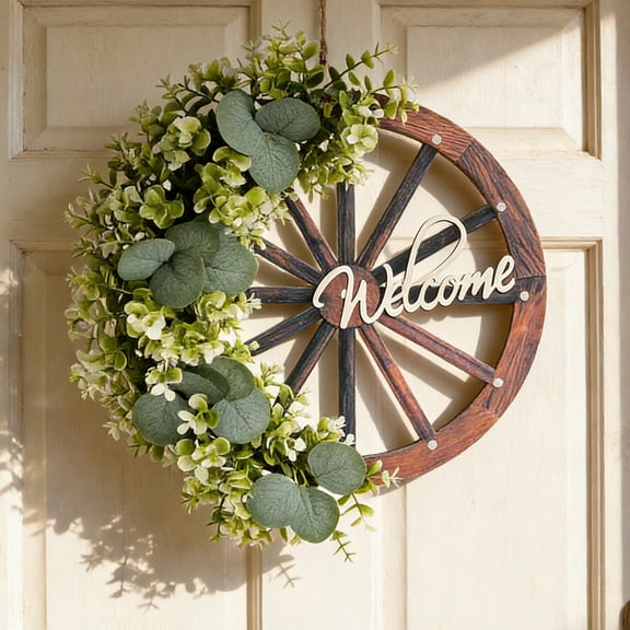 Gaiwos Wagon Wheel Wreaths 17.3 inches, Artificial Wreaths with Eucalyptus Leaves, Welcome Hanging Door Sign, Rustic Decor for Front Door Wall Farmhouse Outdoor