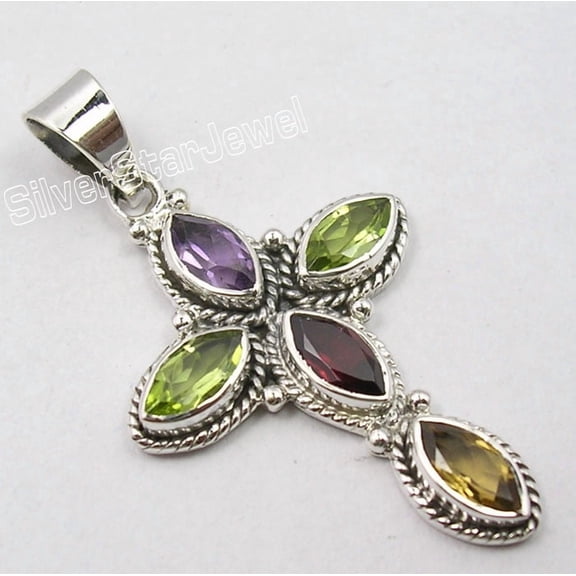 SilverStarJewel 925 Solid Silver Original Multistones Multicolor Bestseller Cross Pendant 1.7"