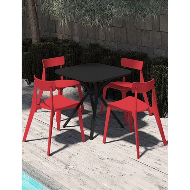 OFFIHO Set mesa Tonnati Negro + 4 sillas Kipali Rojo para exterior resistente a rayos UV de polipropileno