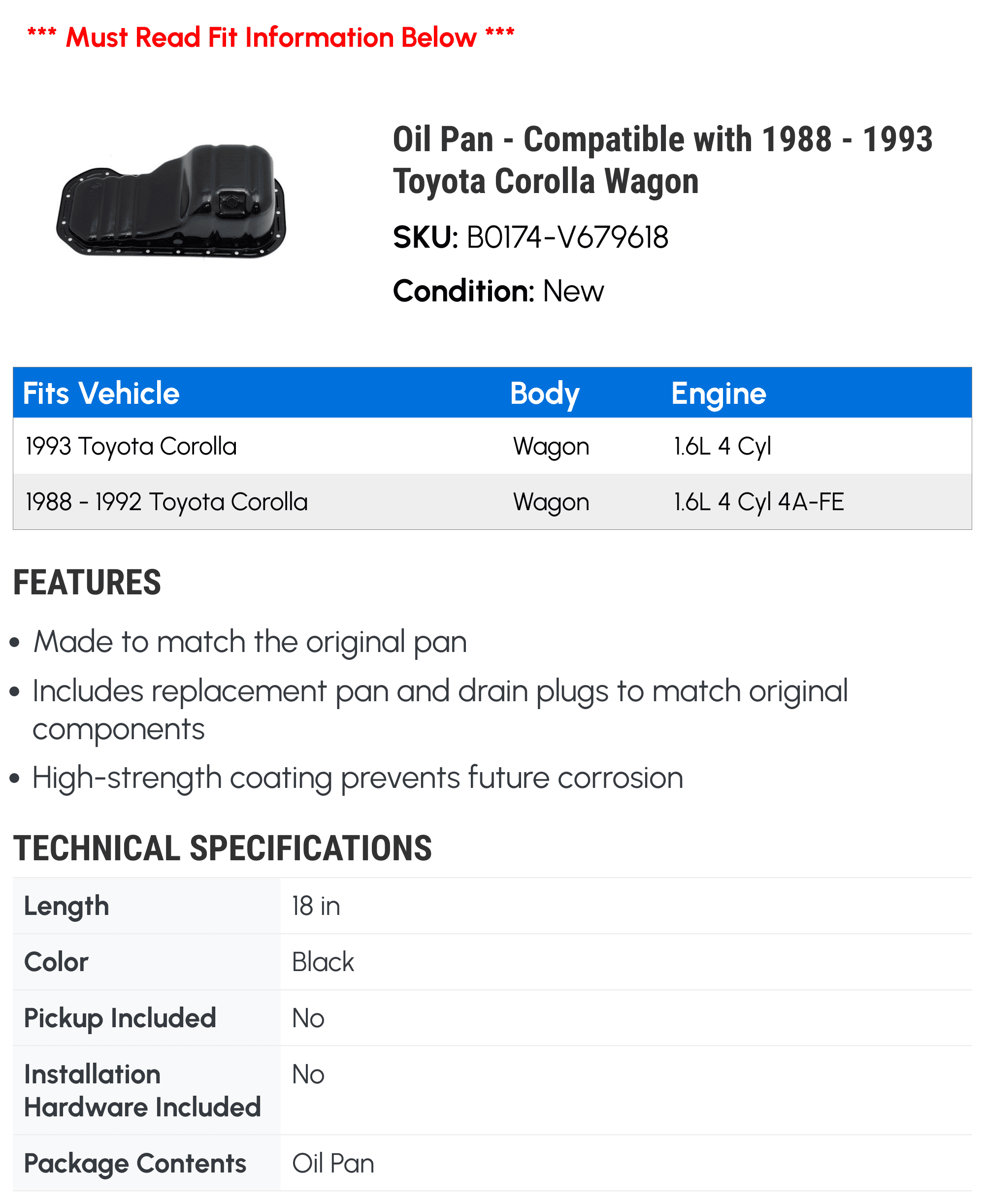 Oil Pan - Compatible with 1988 - 1993 Toyota Corolla Wagon - Dorman
