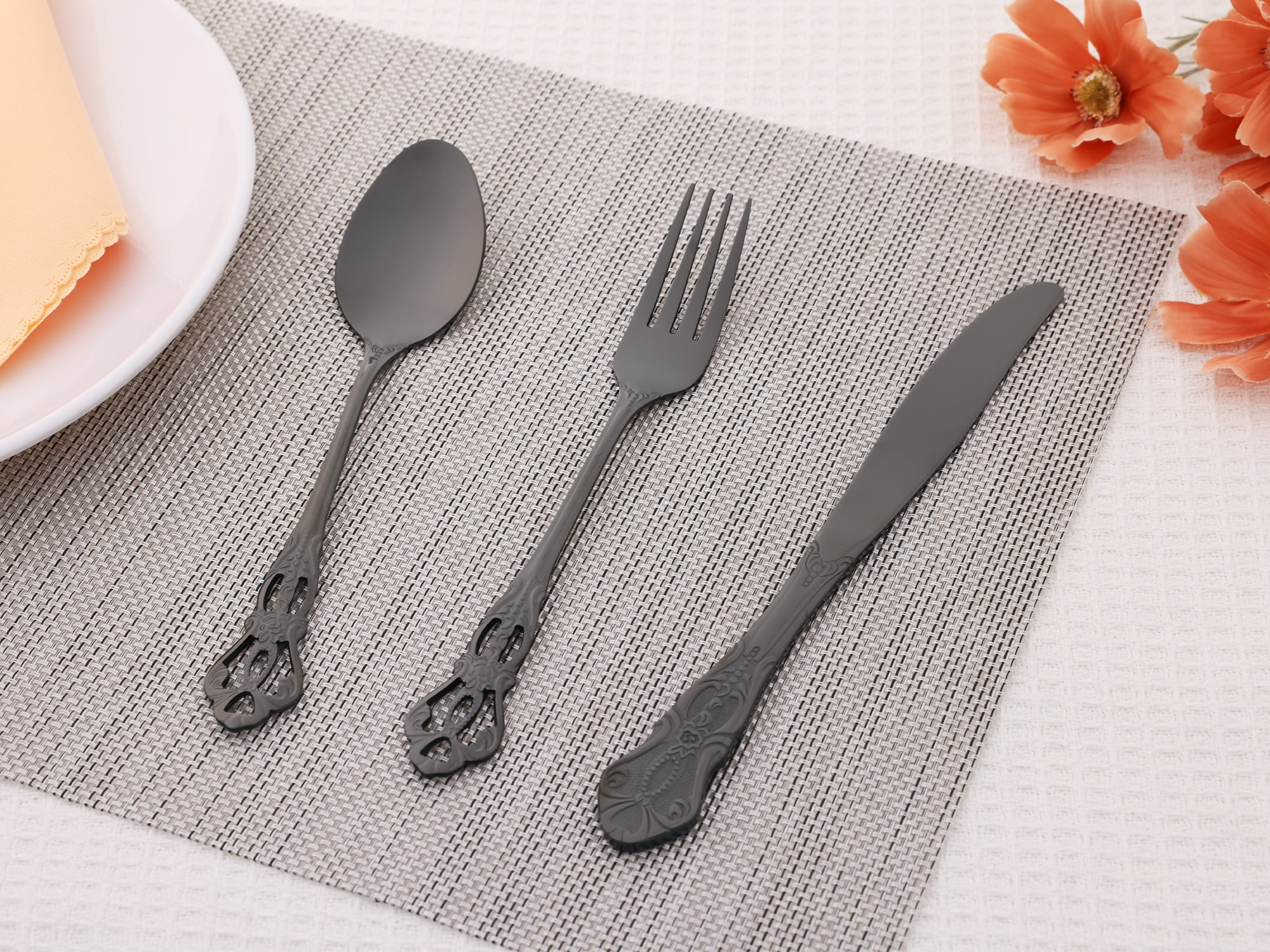 Unique Bargains 20 Piece Stainless Steel Floral Flatware Set for Kitchen Eating Tableware Black 20