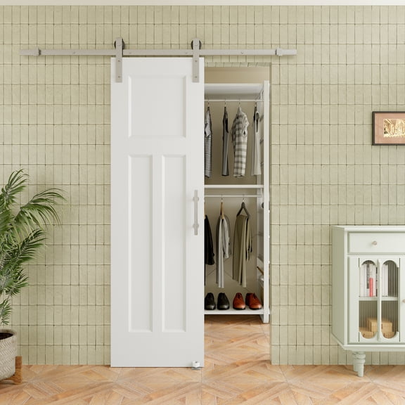 24" x 80" T Shape Waterproof White Primed Solid Core Composite MDF Wood Sliding Barn Door With Hardware Kit
