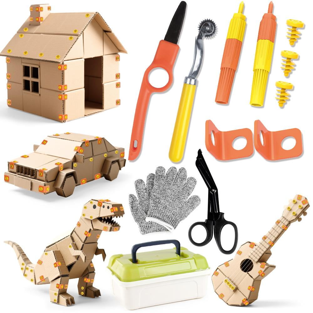 150-Piece Cardboard Construction Kit with Reusable Plastic Screws, Safe DIY Box Tools for Kids, Creative Building and Crafting Set