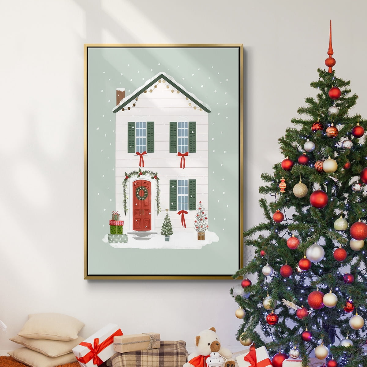 Festive Front Door III - Framed Gallery Wrapped Holiday Canvas - 17 x 25 - Gold Frame