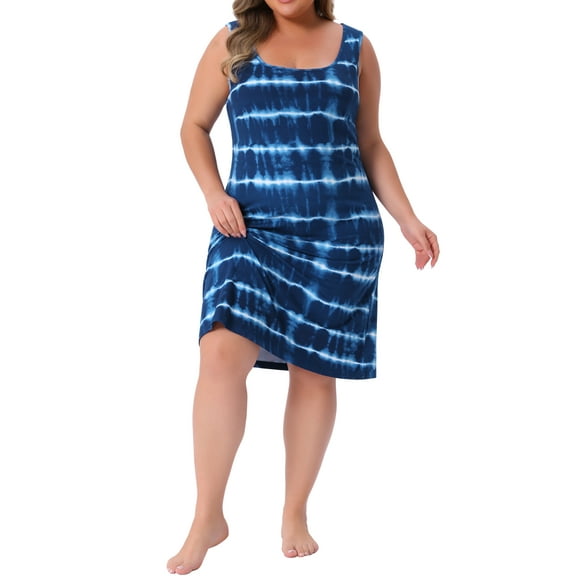 Agnes Orinda Plus Size Tie Dye Sleeveless Summer Dresses for Women Beach Tshirt Sundress Casual Loose Tank Dress 2X Blue