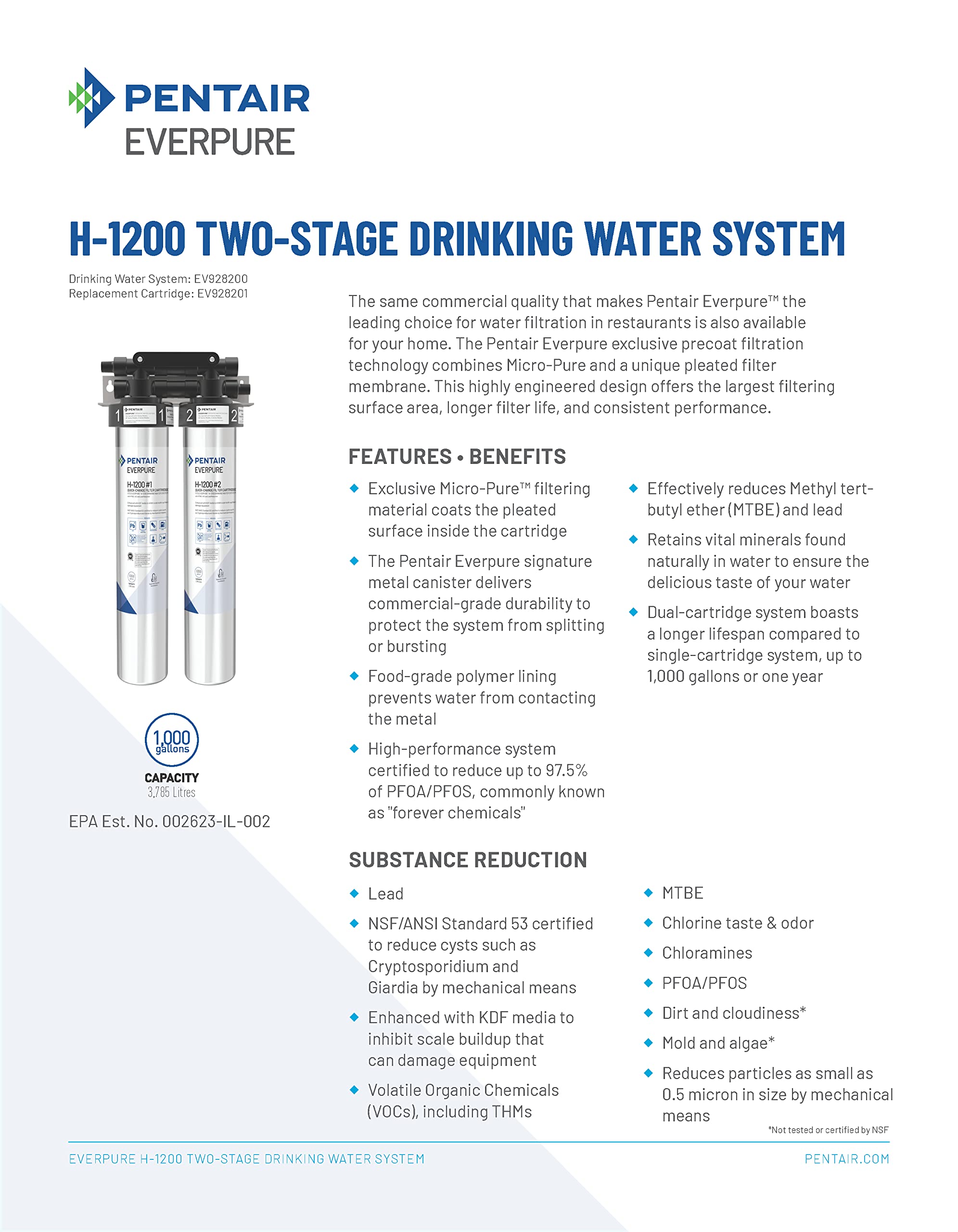 Pentair Everpure H-1200 EV928200 Undersink Drinking Water Dual Filter System
