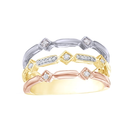AFFY White Natural Diamond Alternating Geometric Three Row Ring in 10k Tri-Tone Solid Gold (0.1 Cttw)