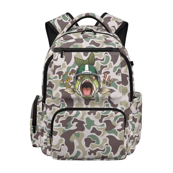 Aplkyhs Green Camo Fish Backpack for Kids Teens Age 6-18 Cute Cartoon Print School Bag Ergonomic Adjustable Straps Lightweight Bookbag for School Travel