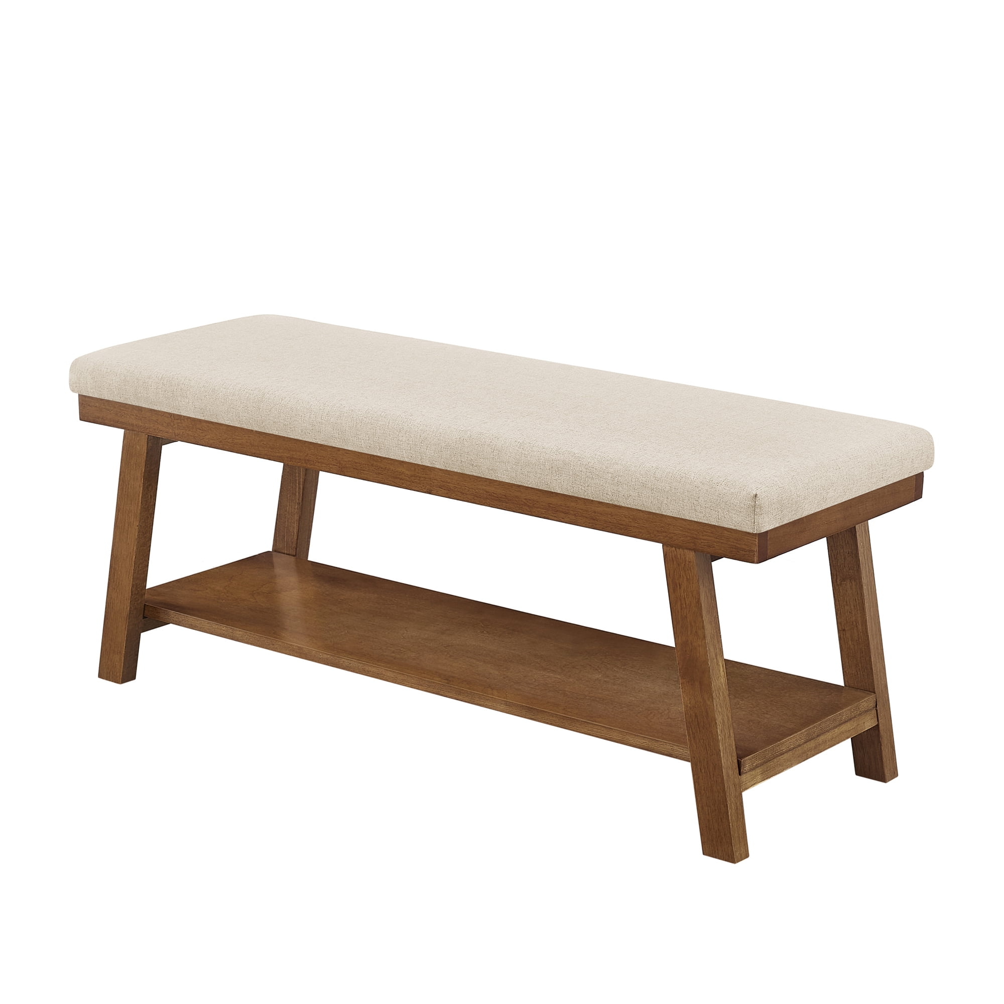 Leumius Upholstered Bench with Storage Shelf,Modern Linen Fabric with Cushioned Seat for Bedroom, Entryway, Living Room,350 lbs Capacity,Beige