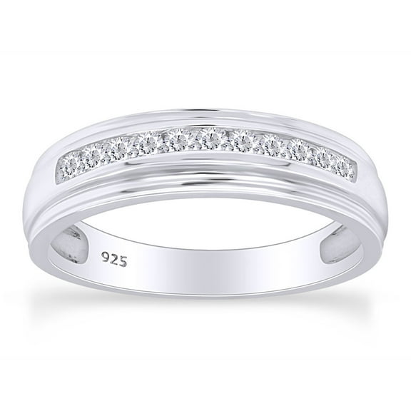 AFFY 0.25 Carat Round Shape White Natural Diamond Men's Wedding Band Ring 14K Gold Over Sterling Silver