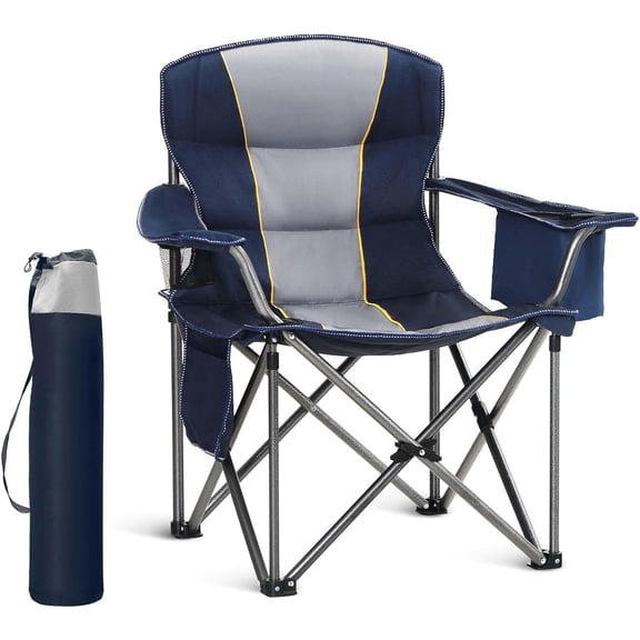 Oversized Portable Folding Camping Chair in Blue, 450 lb Capacity, with Cup Holder and Cooler Bag