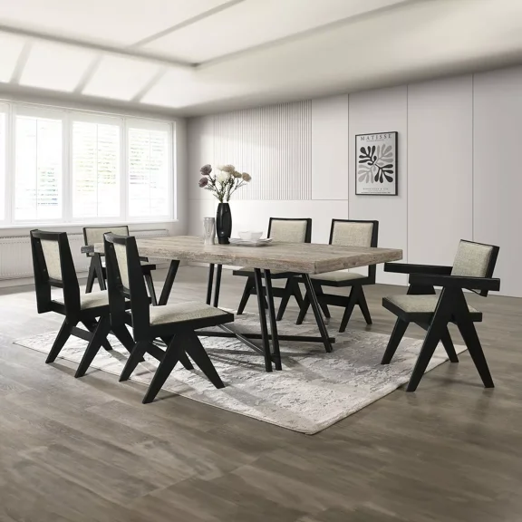 Gorgeous Black Dining Room Furniture Metal Base Dining Table 2x Arm Chairs 4x Side Chairs Light Gray Upholstery 7pc Set
