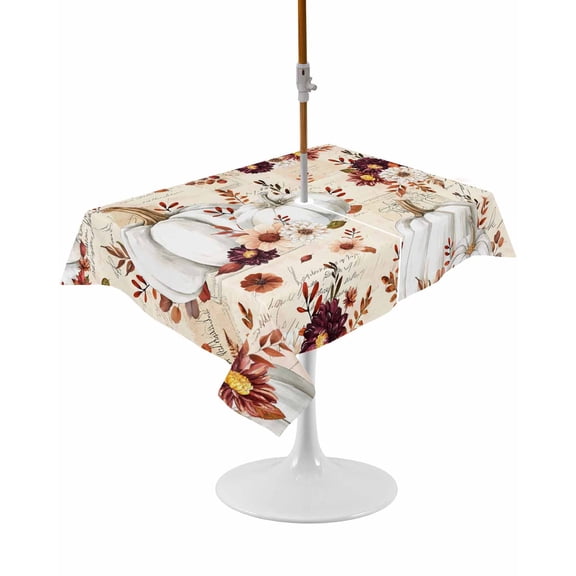 Outdoor Table Cloth with Umbrella Hole and Zipper, Grey Pumpkins Fall Waterproof Rectangle Tablecloth 54"x80", Botanical Thanksgiving Floral Washable Table Cover for Outside Party Patio Picnic