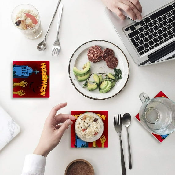 FMSHPON Halloween Theme Set of 4 Coaster for Drinks, Absorbent Ceramic Stone Coasters Cup Mat with Cork Base for Home Kitchen Room Coffee Table Bar Decor