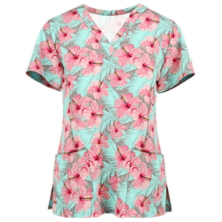 

Chriatmas Scrub Tops Women Medical Scrub Shirts Floral Print Nurse Uniforms Short Sleeve Workwear Scrubs with Pockets