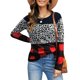 thumbnail image 1 of Jersey Estampado De Leopardo Manga Larga Cuello Redondo Jersey Estampado A Cuadros Camisa A Cuadros De Leopardo De Bloque De Color Delgado Informal Rojo XL, 1 of 6