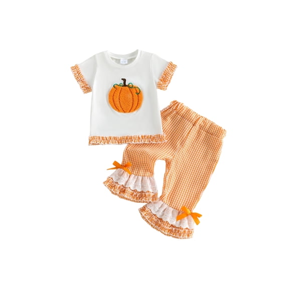 BemeyourBBs Toddler Baby Girls Halloween Thanksgiving Outfits Infant Baby Girl Summer Fall Clothes Cute Pumpkin Embroidery Ruffled Short Sleeve T Shirt Tops and Flared Pants Set