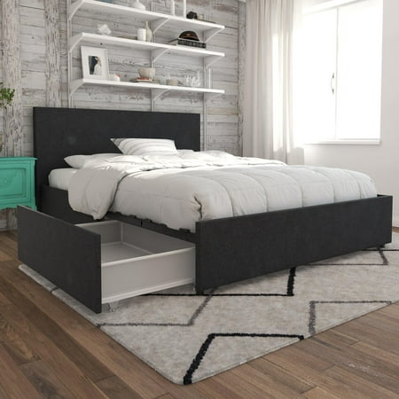 Novogratz Kelly Upholstered Bed with Storage, Queen, Dark Gray