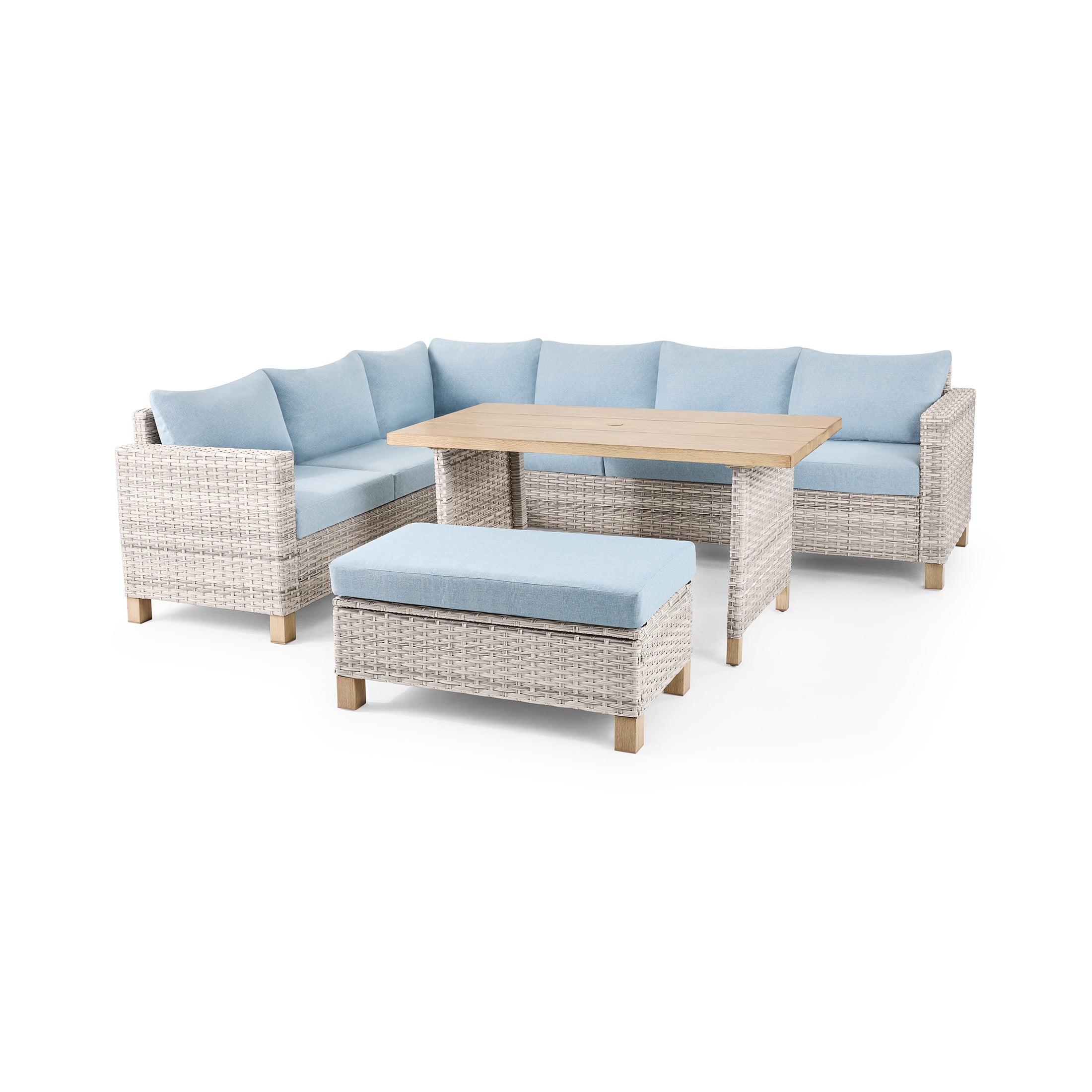Better Homes & Gardens Brookbury 4-Piece Outdoor Wicker Patio Sectional Dining Set, White Wicker/Chambray Blue Cushions