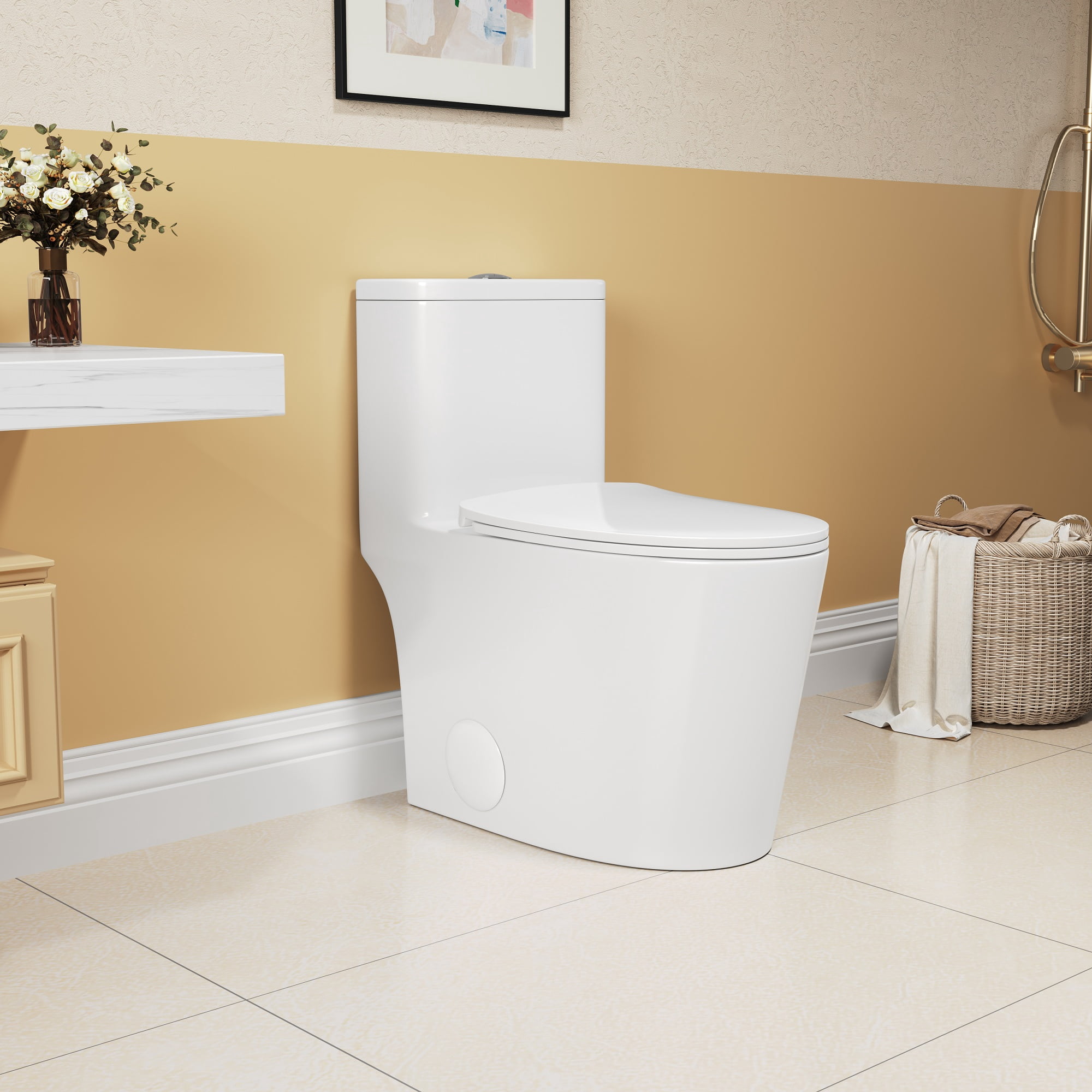 Alvantor One-Piece Toilet 16.5"Height Ceramic Elongated Floor Mounted 1.1/1.6 GPF Toilet White