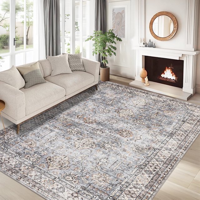 Garvee 9'x12' Vintage Persian Area Rugs for Living Room, Non Slip Machine Washable Rugs Low Pile Distressed Indoor Rug Floral Print Carpet for Dining Room Bedroom Office, Blue