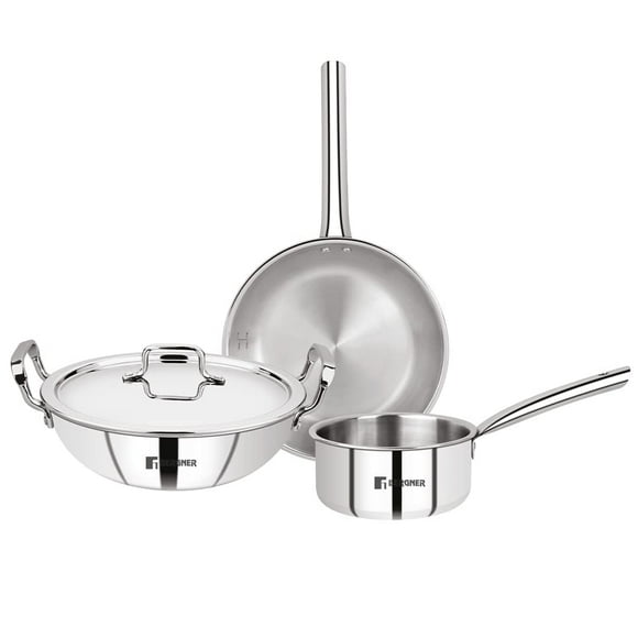Triply Stainless Steel 4 Pcs Cookware Set - 24 Cm Indian Wok Or Kadai With Lid + 22 Cm Frypan + 16 Cm Tea Pan | Even & Fast Heating, Induction Bottom, Gas Ready, Silver