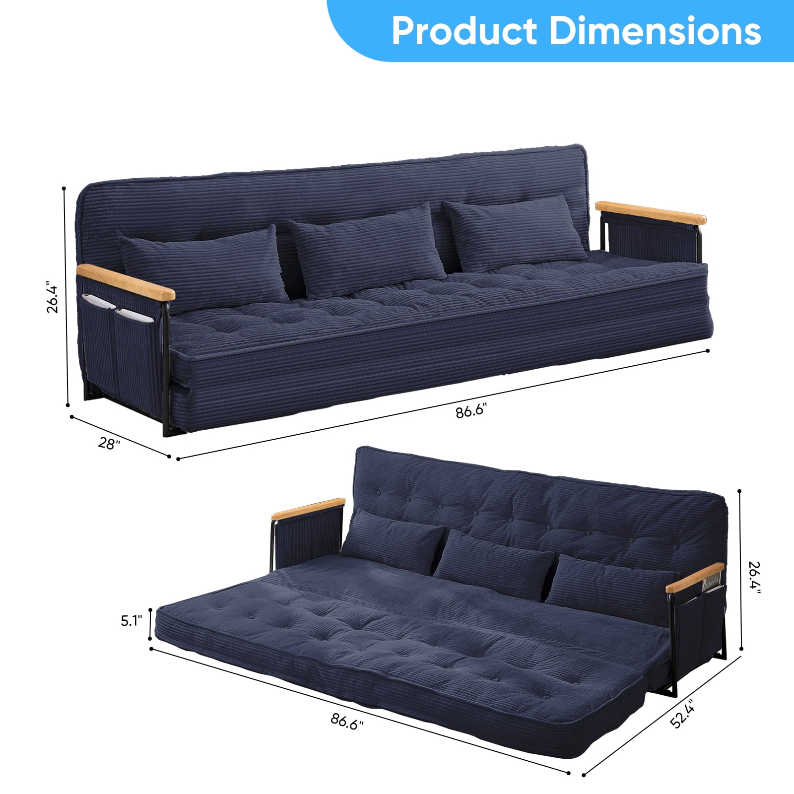 BALUS Futon Sofa Bed, 4-in-1 Corduroy Floor Couch Bed with Folding Mattress, Convertible Sleeper Sofa for Living Room, Blue