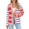 thumbnail image 2 of Womens Striped Cardigan Sweaters V Neck Open Front Button Up Color Block Fuzzy Loose Knit Coats Pink XL, 2 of 8
