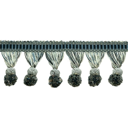 3" (7.5cm) Marrakesh Collection Pompom Tassel Fringe Trim with Fancy Woven Gimp header # PPFRW,, Anchor Grey #VL10 (Light Grey, Slate Blue, Pure Black) Sold By The Yard (36"/3 ft/0.9m)