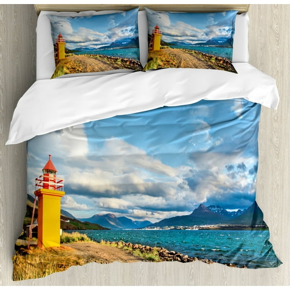 Iceland Duvet Cover Set King Size, Landscape with Watchtower and Ocean at Sunset Discovering Island, Decorative 3 Piece Bedding Set with 2 Pillow Shams, Multicolor, by Ambesonne