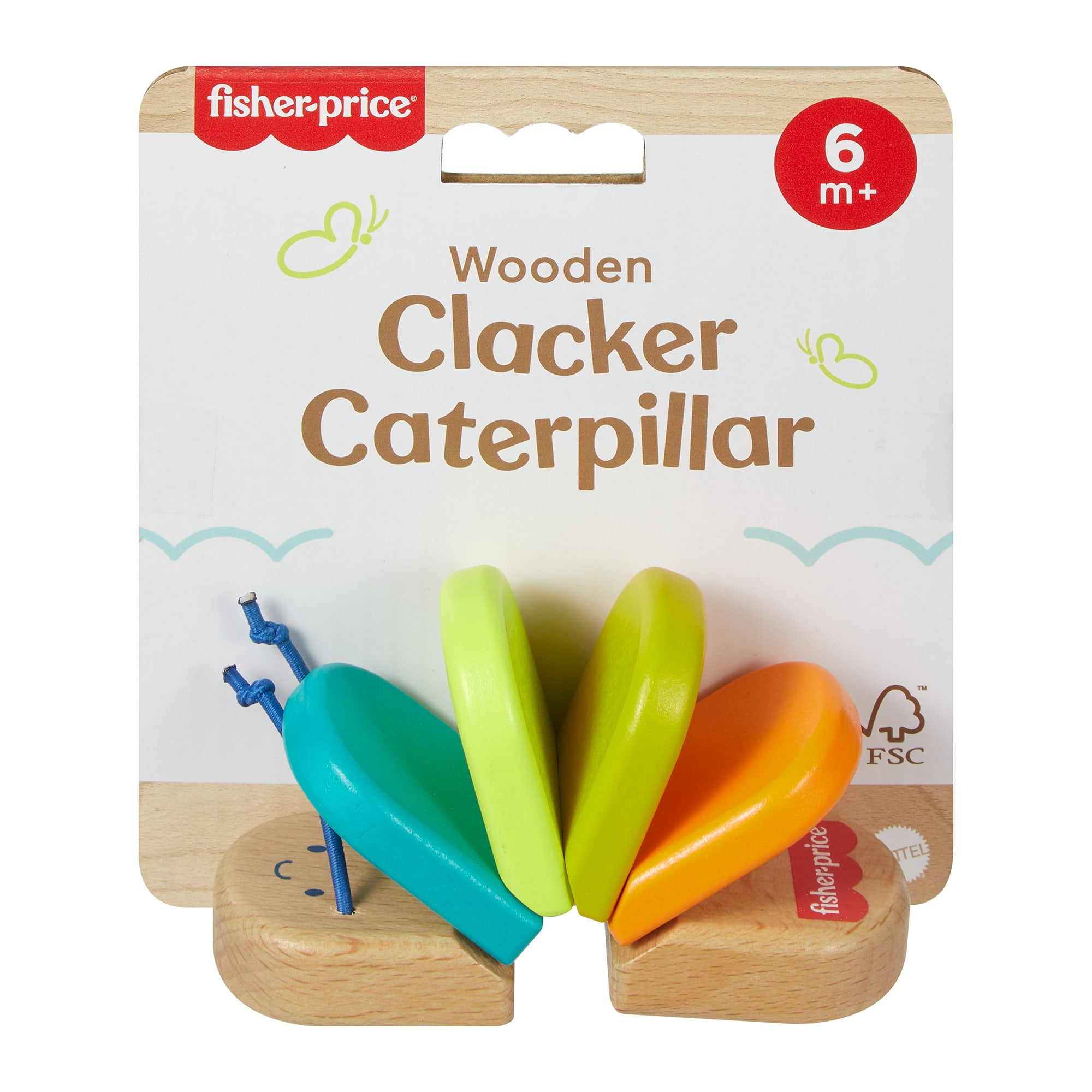 Fisher-Price Wooden Clacker Caterpillar Developmental Activity Rattle Toy for Infant, 1 Wood Piece